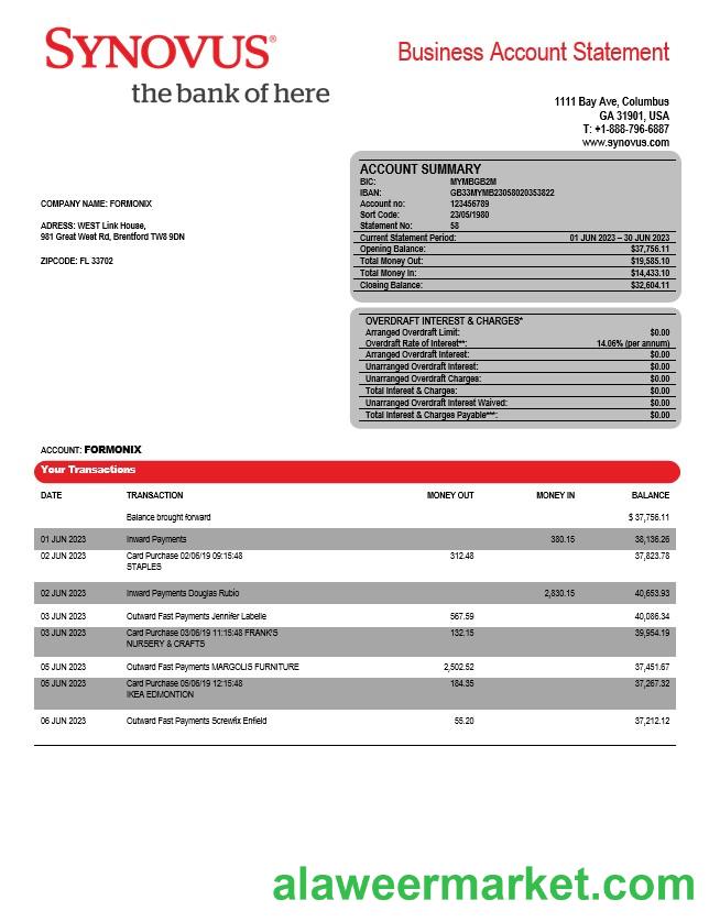 Synovus Bank enterprise statement Word and PDF template